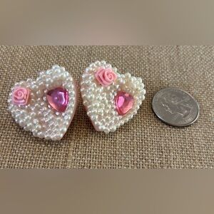 Vintage Hallmark Faux Pearls With Pink Heart And Rose Earrings